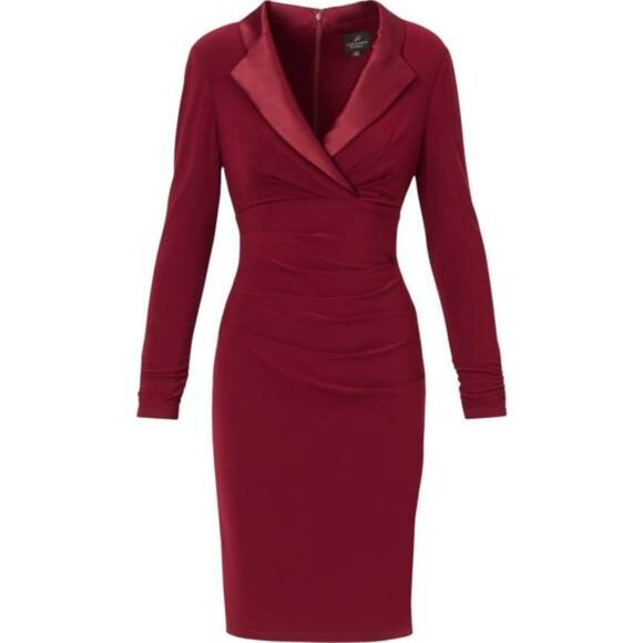 Adrianna Papell US 12 Red Wine Jersey Tuxedo Ruched Wrap Dress Notched Collar - Picture 3 of 5